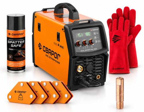 semi-automatic-welding-inverter-svarog-mig-200-real-smart-n2a5-gloves-contact-tip-magnetic-angles-anti-spatter-aerosol